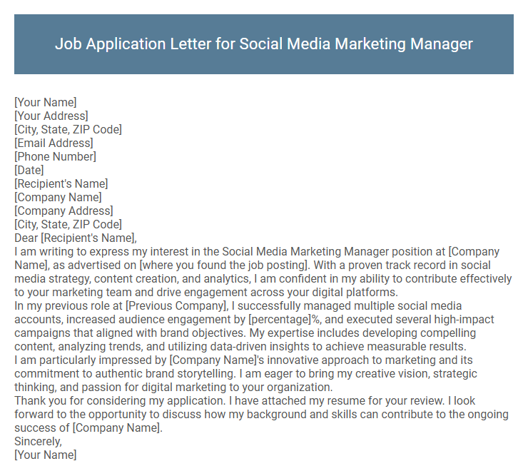 Job Application Letter for Social Media Marketing Manager