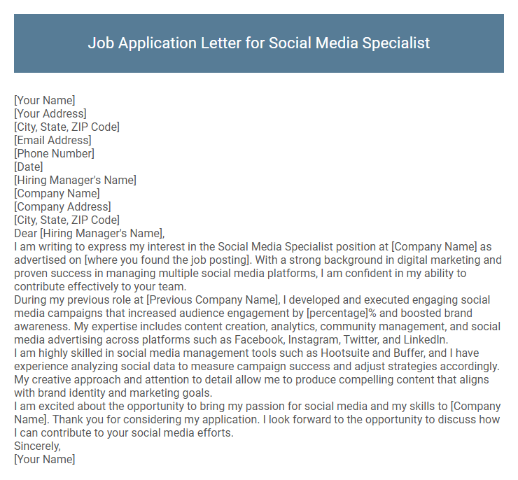 Job Application Letter for Social Media Specialist