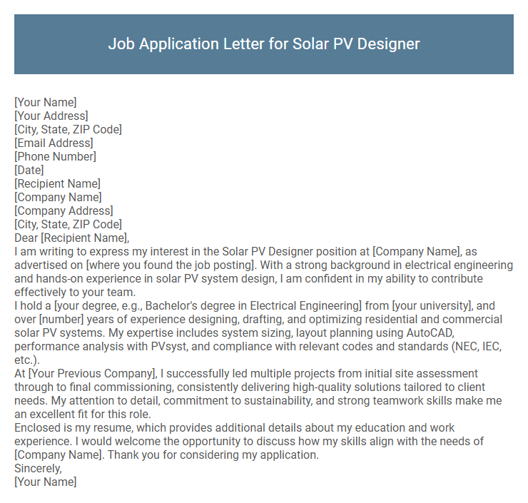 Job Application Letter for Solar PV Designer
