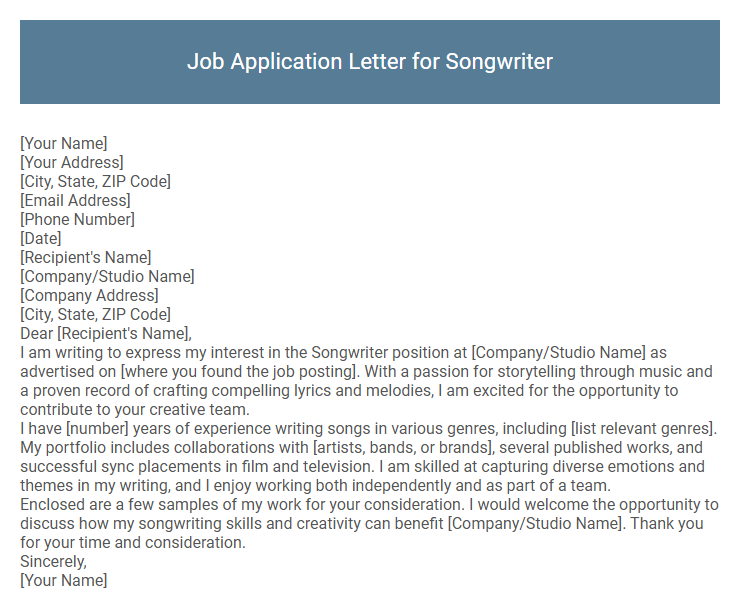 Job Application Letter for Songwriter