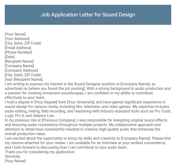 Job Application Letter for Sound Design