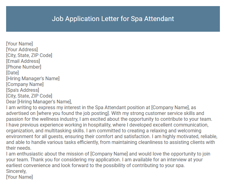 Job Application Letter for Spa Attendant