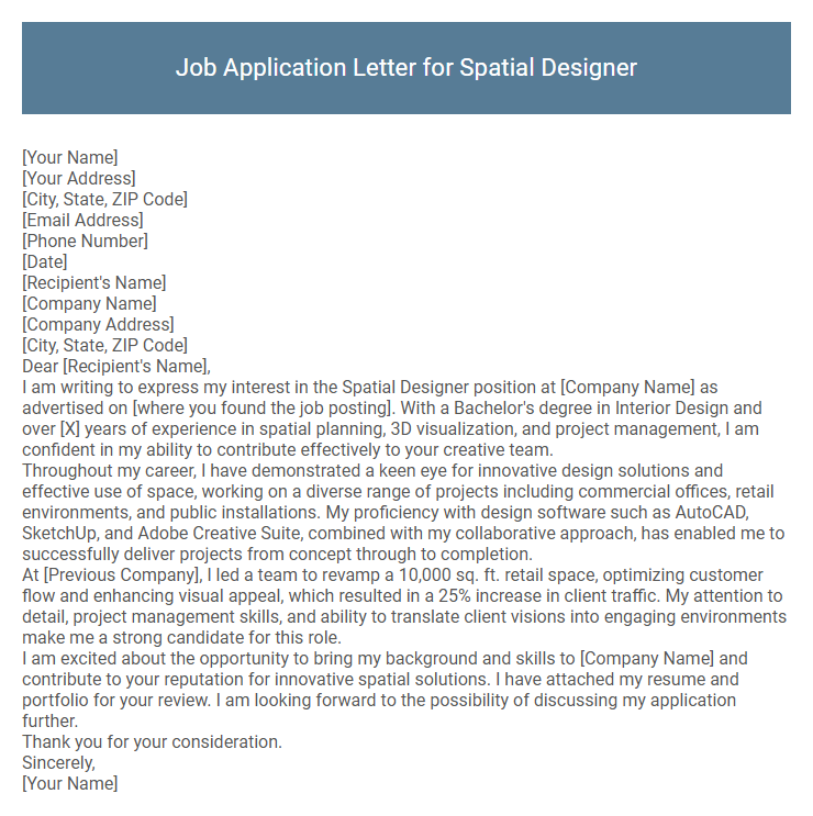 Job Application Letter for Spatial Designer