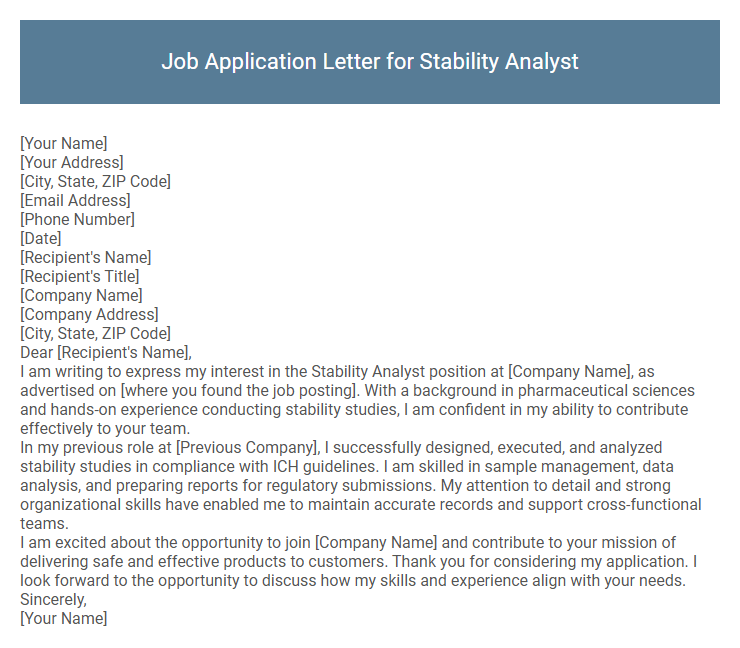 Job Application Letter for Stability Analyst