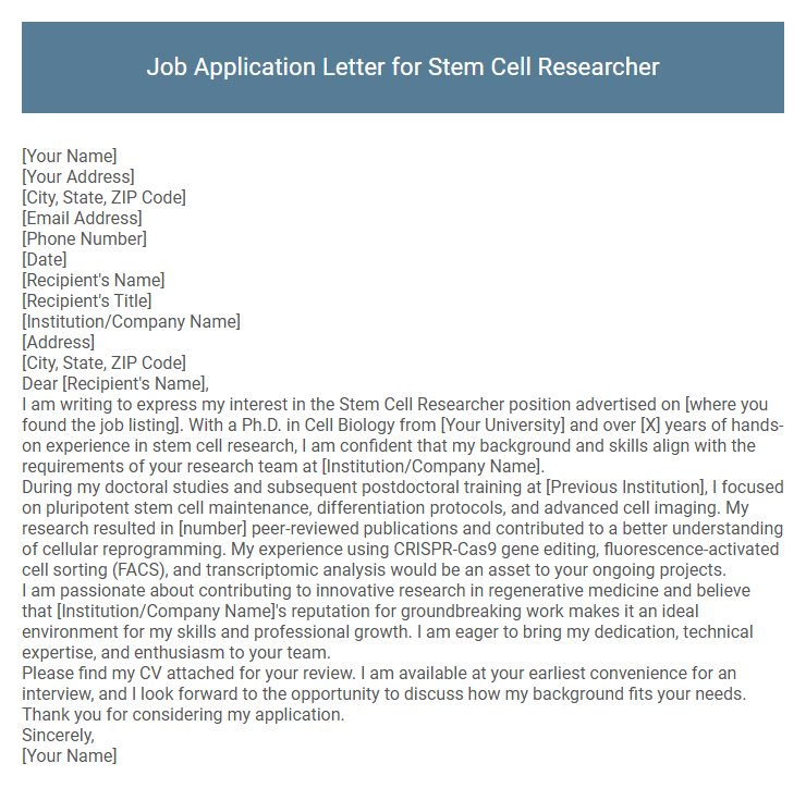 Job Application Letter for Stem Cell Researcher