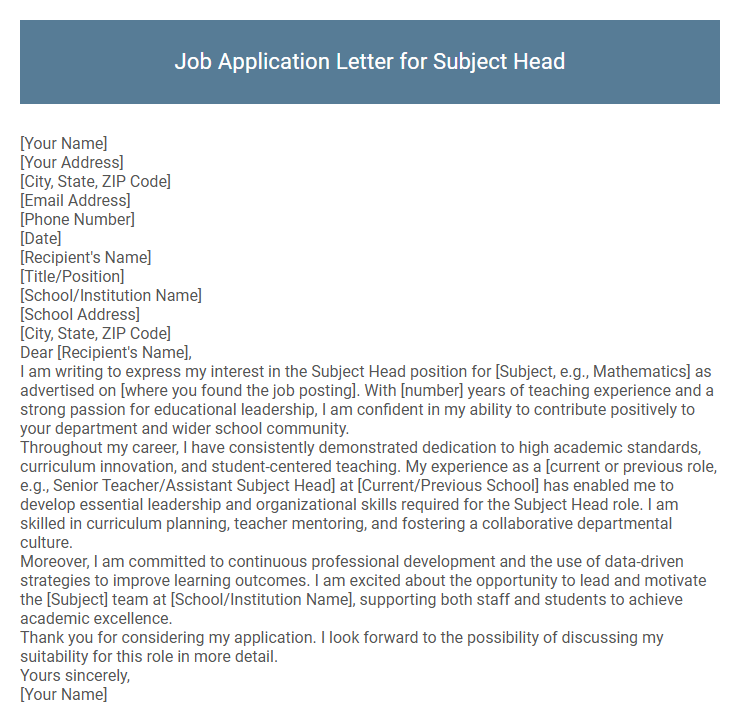 Job Application Letter for Subject Head