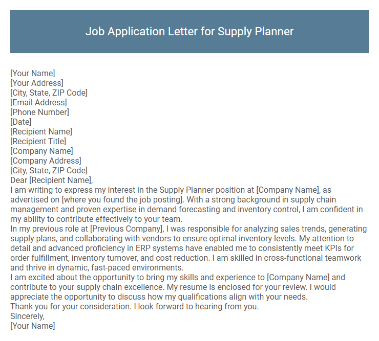 Job Application Letter for Supply Planner