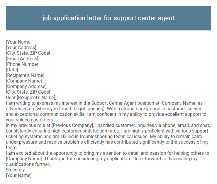 job application letter for support center agent