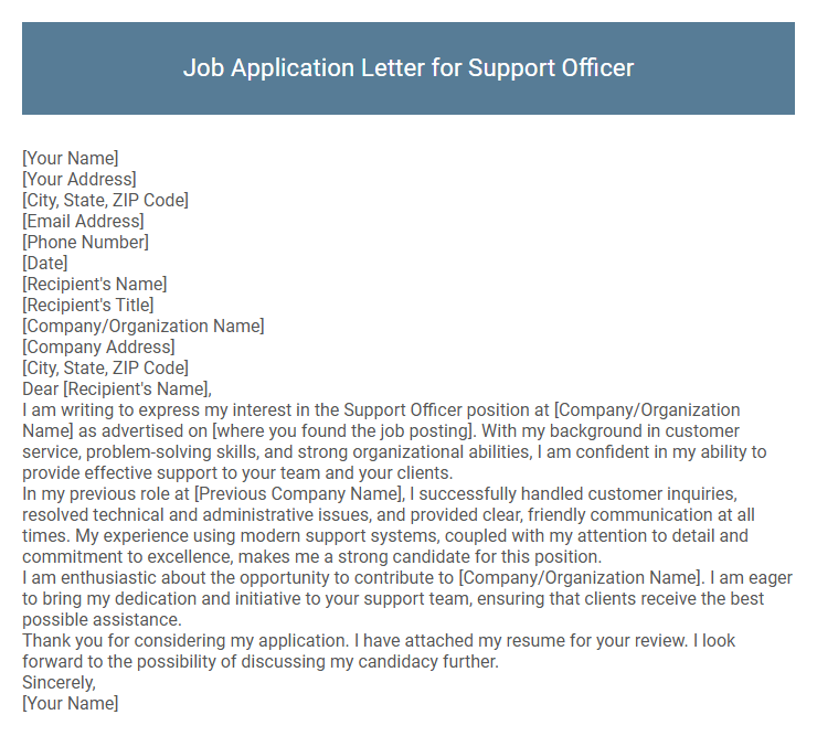 Job Application Letter for Support Officer