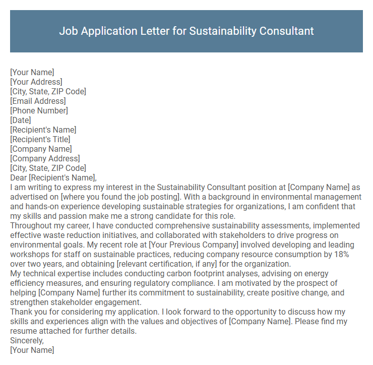 Job Application Letter for Sustainability Consultant