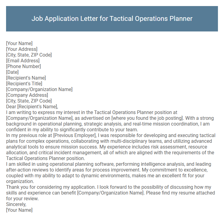 Job Application Letter for Tactical Operations Planner