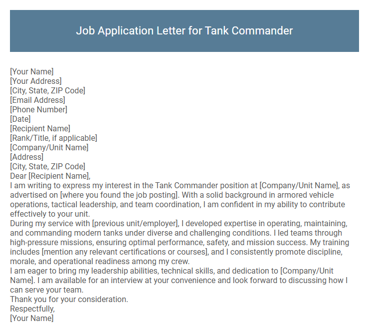 Job Application Letter for Tank Commander