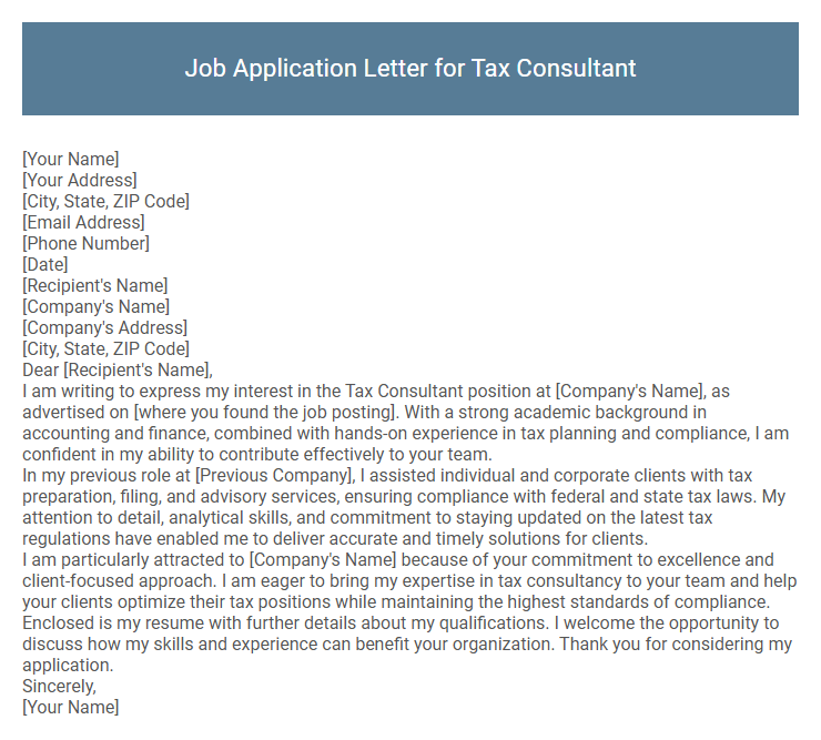 Job Application Letter for Tax Consultant