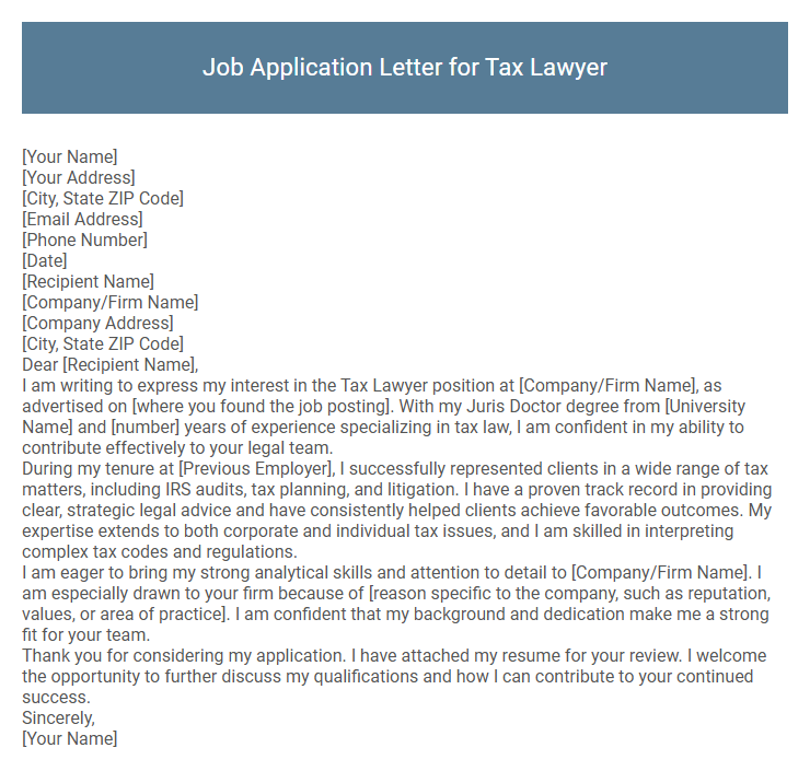 Job Application Letter for Tax Lawyer