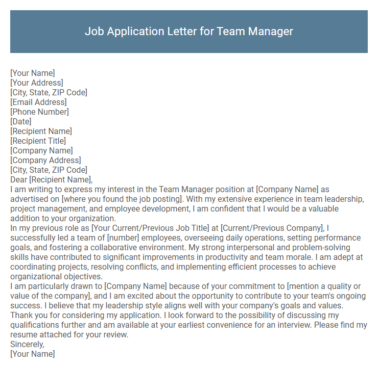 Job Application Letter for Team Manager