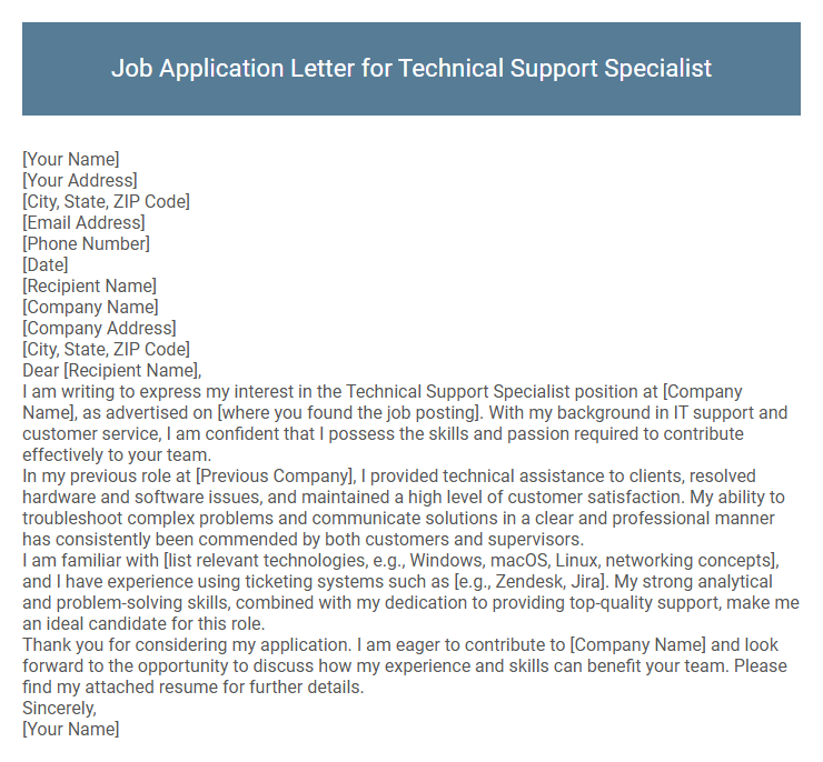 Job Application Letter for Technical Support Specialist