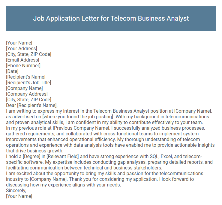 Job Application Letter for Telecom Business Analyst