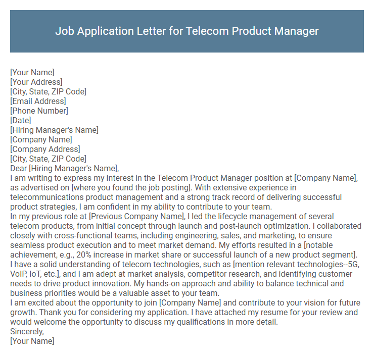 Job Application Letter for Telecom Product Manager