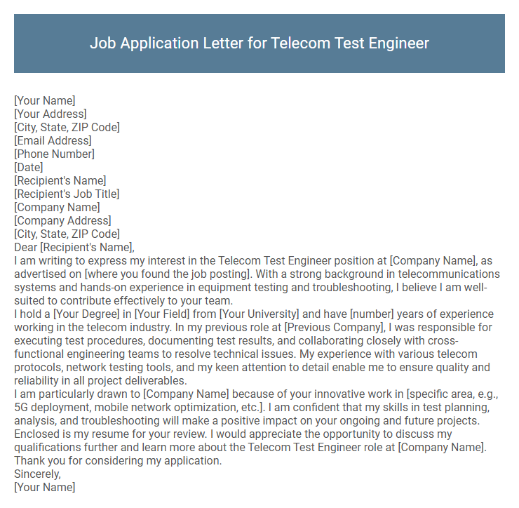 Job Application Letter for Telecom Test Engineer