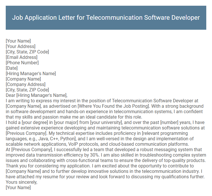 Job Application Letter for Telecommunication Software Developer