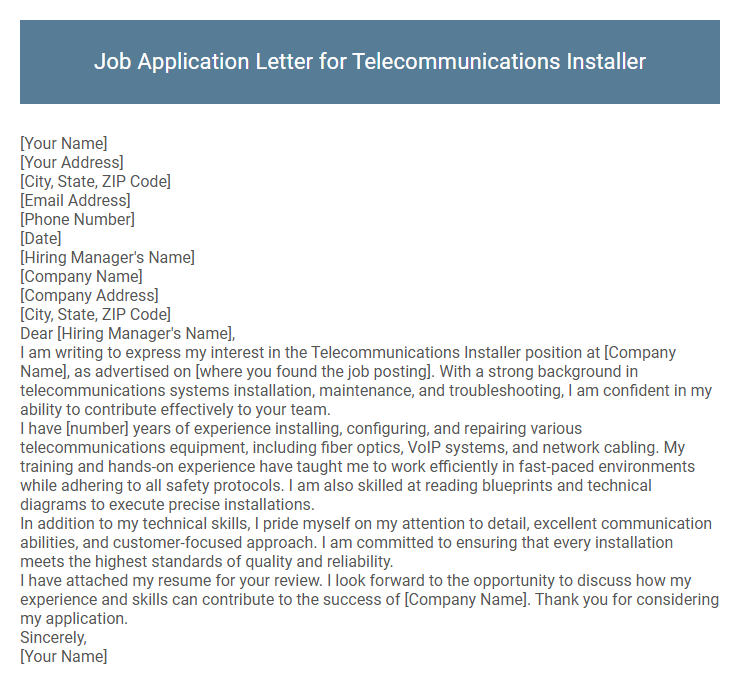 Job Application Letter for Telecommunications Installer