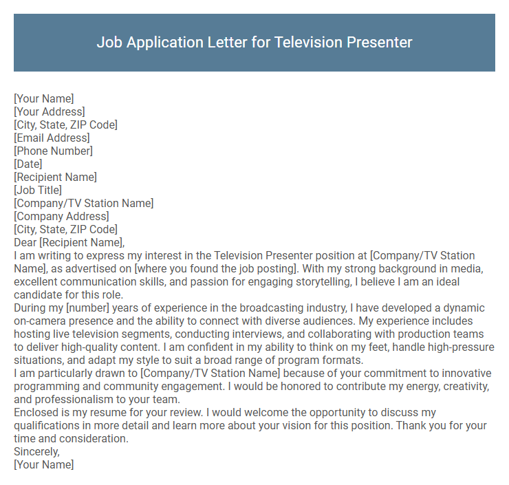 Job Application Letter for Television Presenter