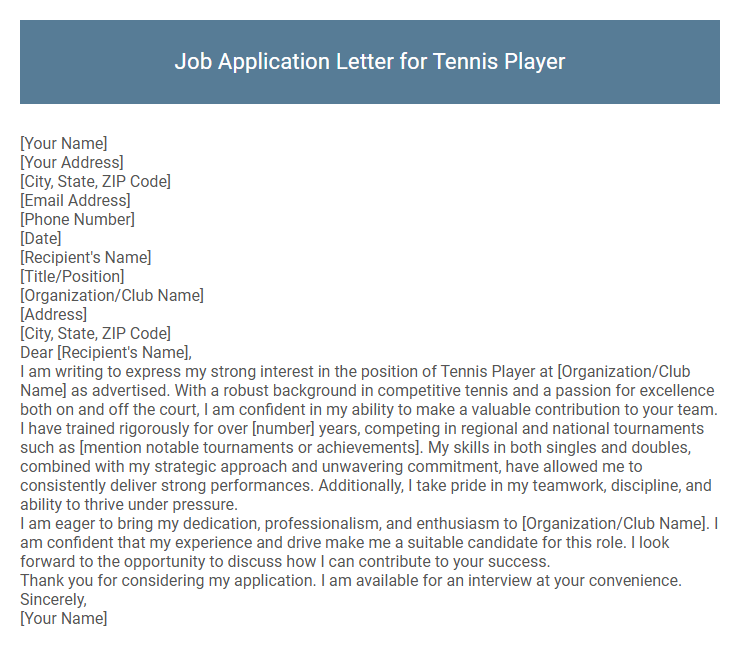 Job Application Letter for Tennis Player