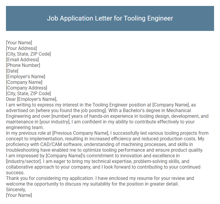 Job Application Letter for Tooling Engineer