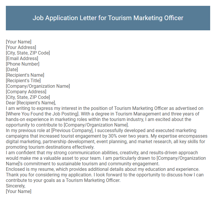Job Application Letter for Tourism Marketing Officer
