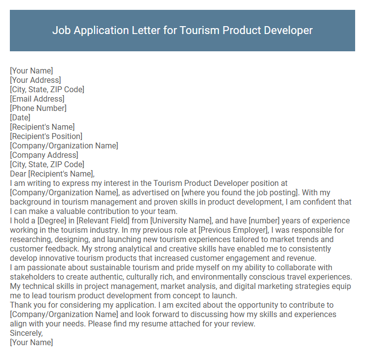 Job Application Letter for Tourism Product Developer