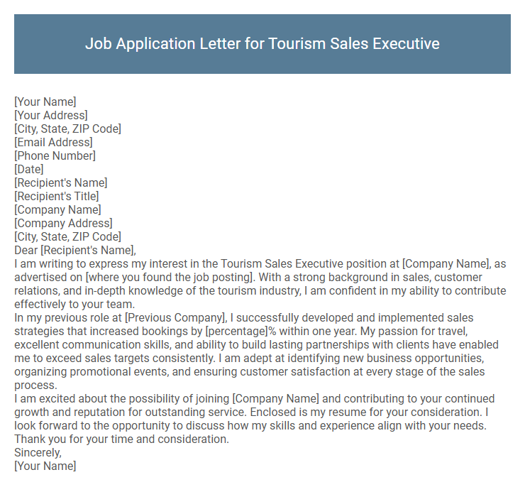 Job Application Letter for Tourism Sales Executive