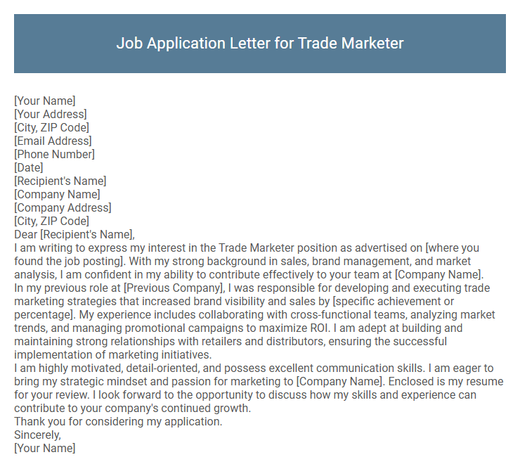 Job Application Letter for Trade Marketer