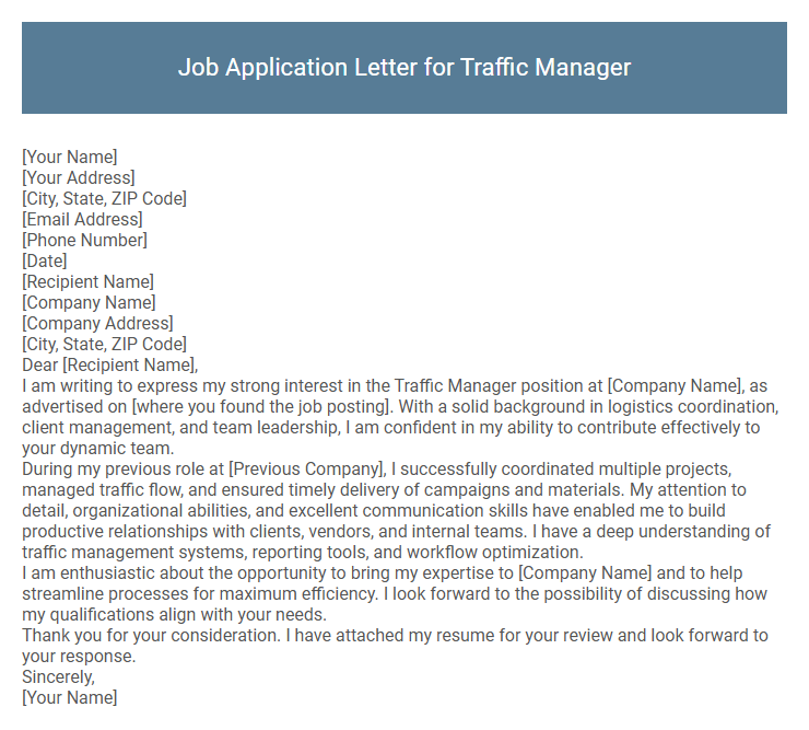 Job Application Letter for Traffic Manager