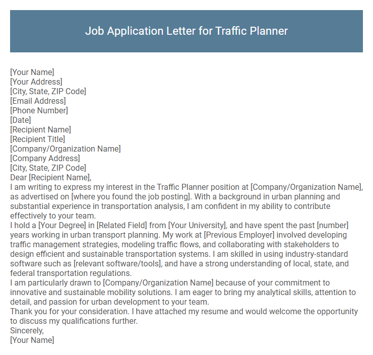 Job Application Letter for Traffic Planner