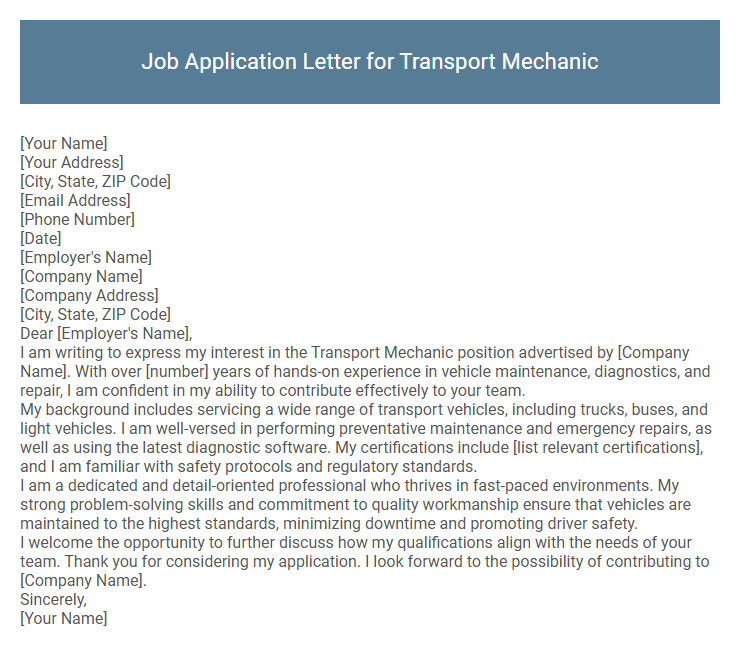 Job Application Letter for Transport Mechanic