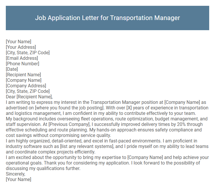 Job Application Letter for Transportation Manager