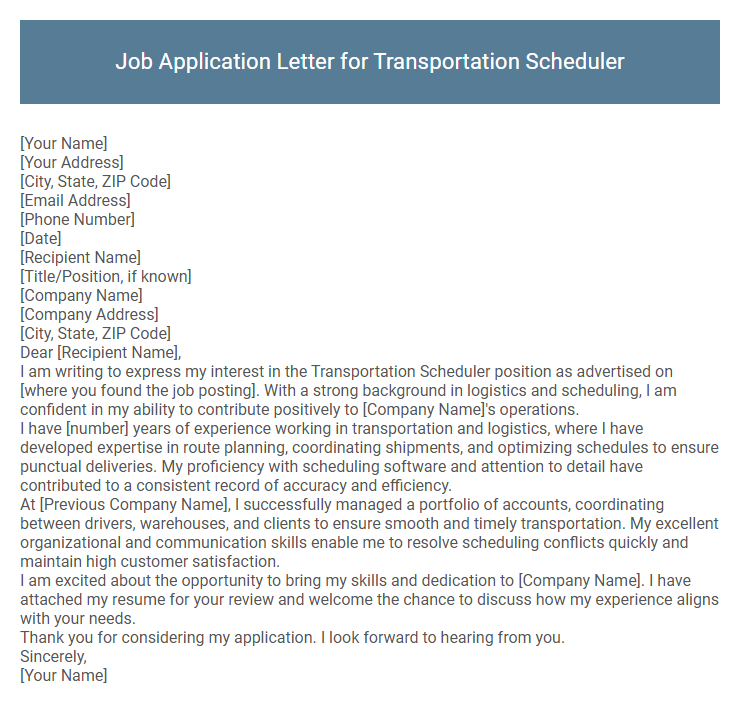 Job Application Letter for Transportation Scheduler