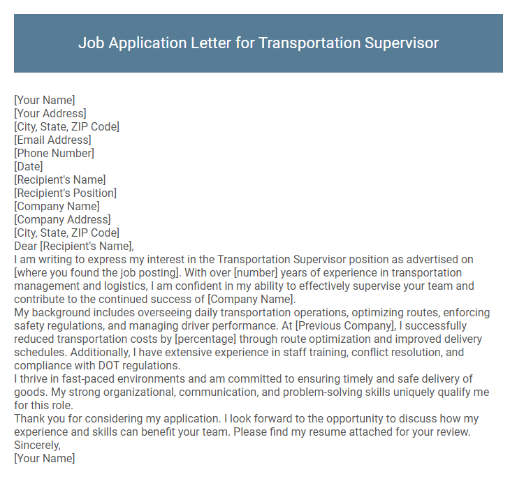 Job Application Letter for Transportation Supervisor