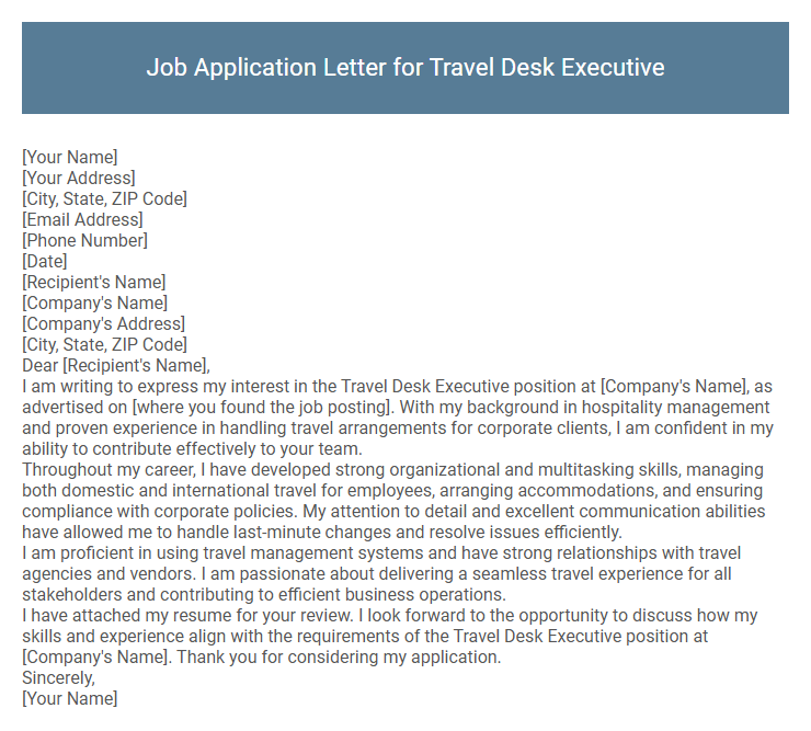 Job Application Letter for Travel Desk Executive