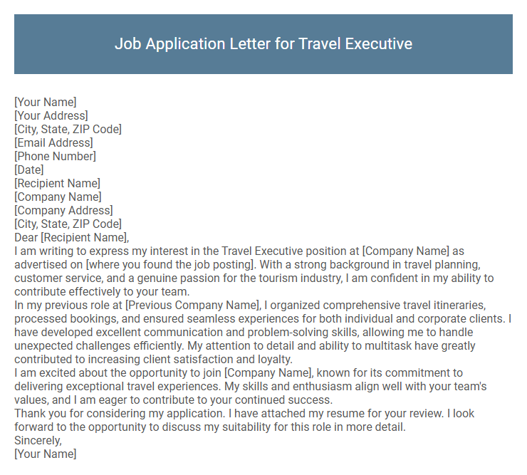Job Application Letter for Travel Executive
