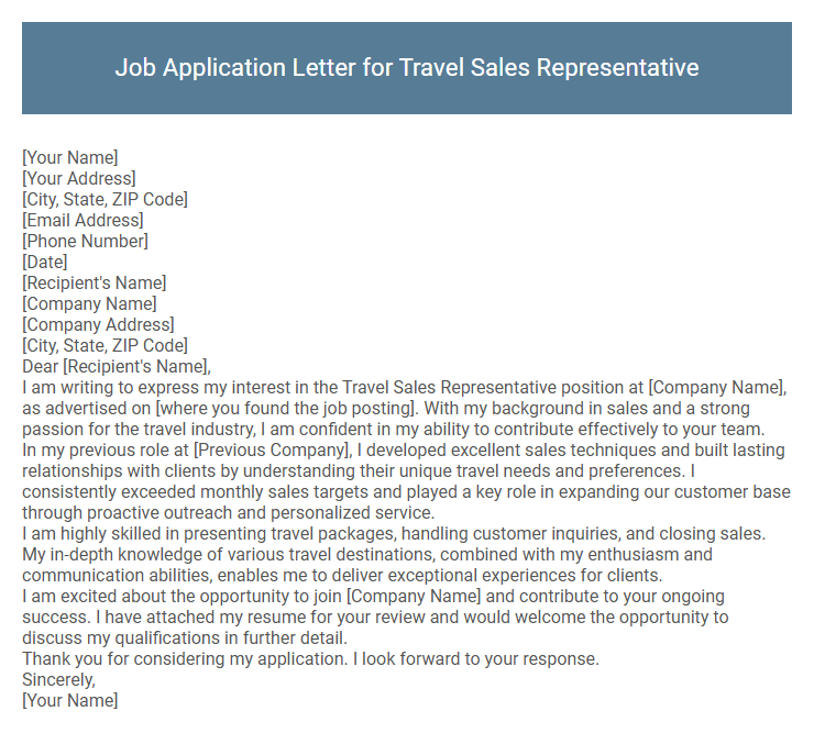 Job Application Letter for Travel Sales Representative