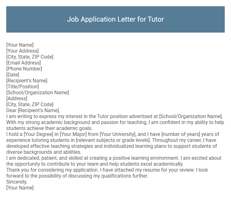 Job Application Letter for Tutor