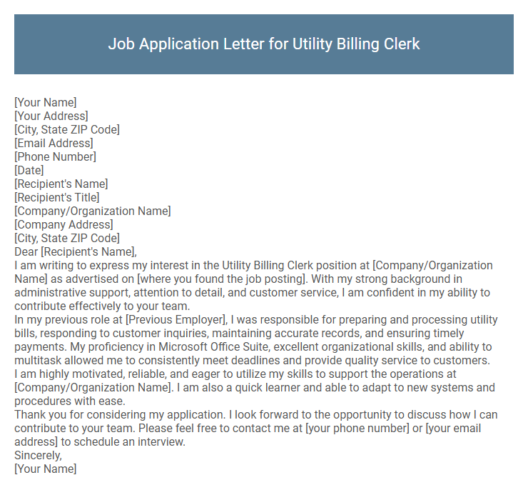 Job Application Letter for Utility Billing Clerk