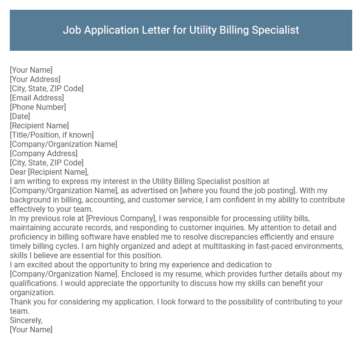 Job Application Letter for Utility Billing Specialist