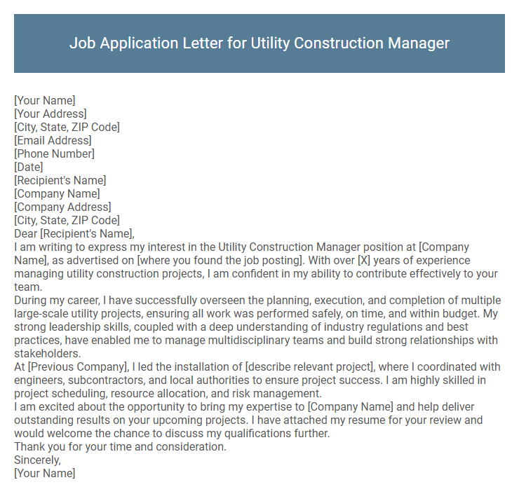 Job Application Letter for Utility Construction Manager