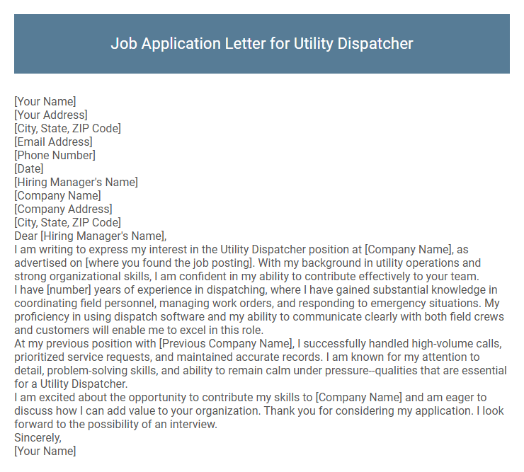 Job Application Letter for Utility Dispatcher