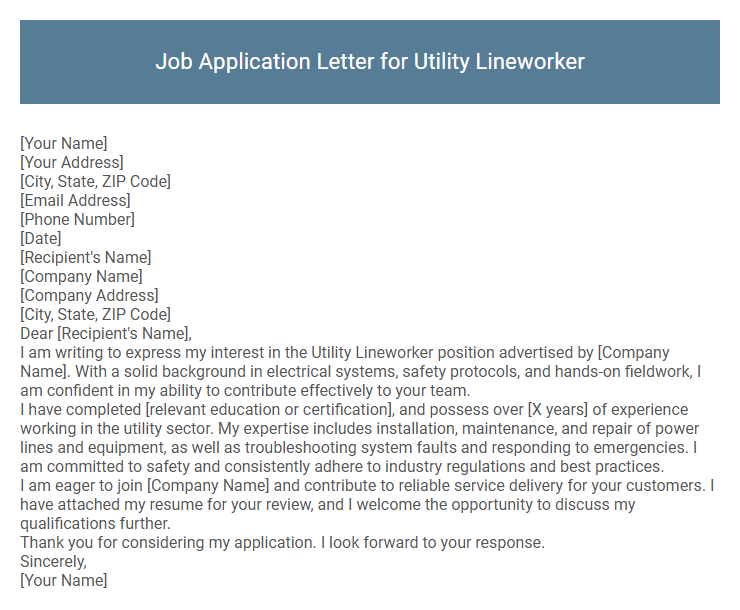 Job Application Letter for Utility Lineworker