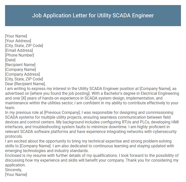 Job Application Letter for Utility SCADA Engineer