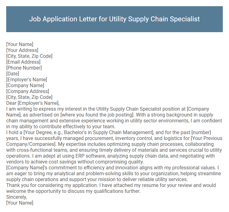 Job Application Letter for Utility Supply Chain Specialist