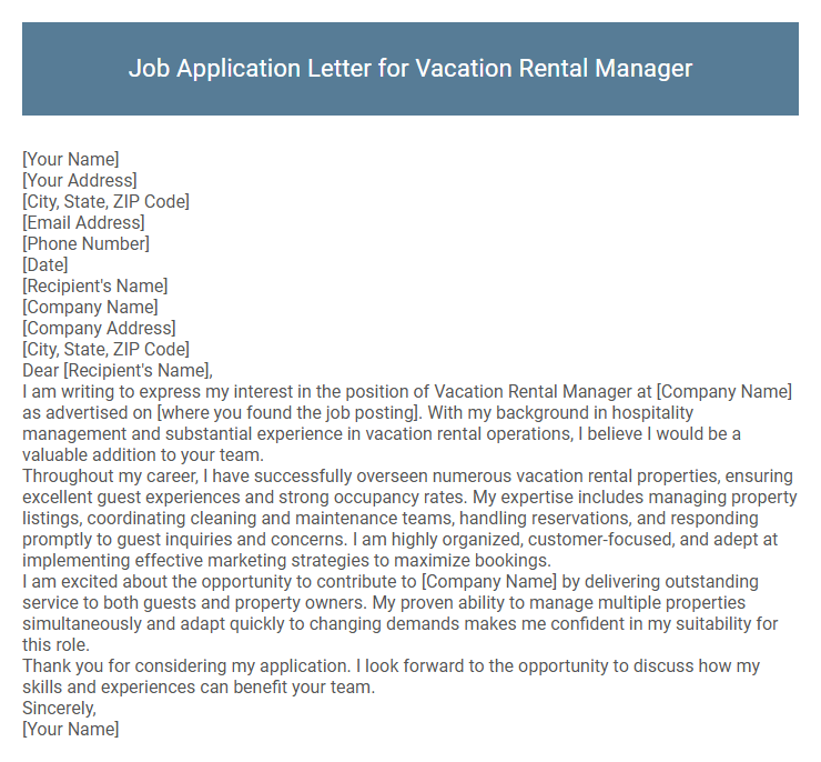 Job Application Letter for Vacation Rental Manager